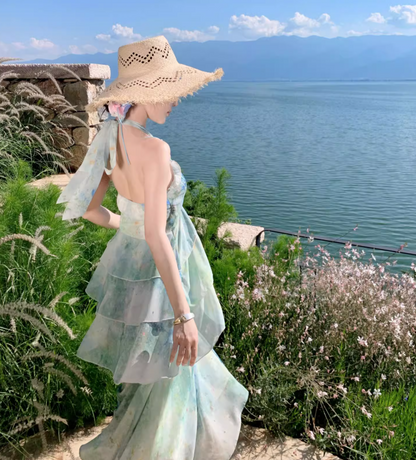 Ethereal Vacation Outfit Ruffles Hem Maxi Dress Open Back Tiered Tulle Halter Long Dress AP0676