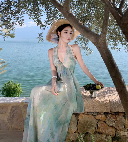 Ethereal Vacation Outfit Ruffles Hem Maxi Dress Open Back Tiered Tulle Halter Long Dress AP0676