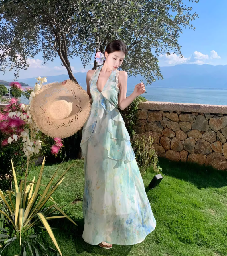 Ethereal Vacation Outfit Ruffles Hem Maxi Dress Open Back Tiered Tulle Halter Long Dress AP0676