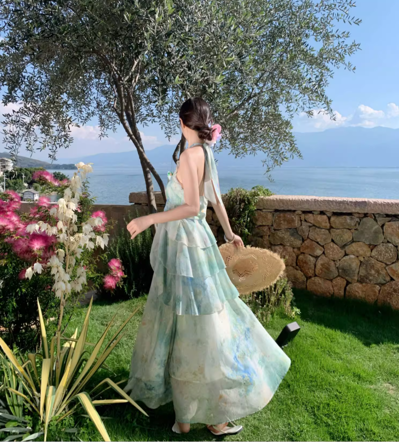 Ethereal Vacation Outfit Ruffles Hem Maxi Dress Open Back Tiered Tulle Halter Long Dress AP0676