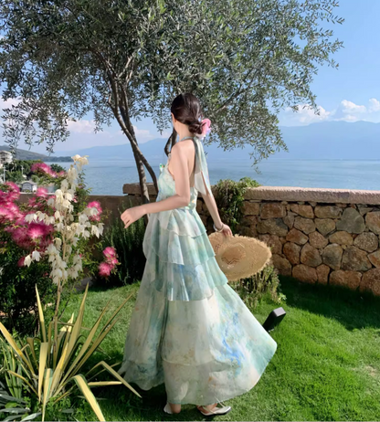 Ethereal Vacation Outfit Ruffles Hem Maxi Dress Open Back Tiered Tulle Halter Long Dress AP0676