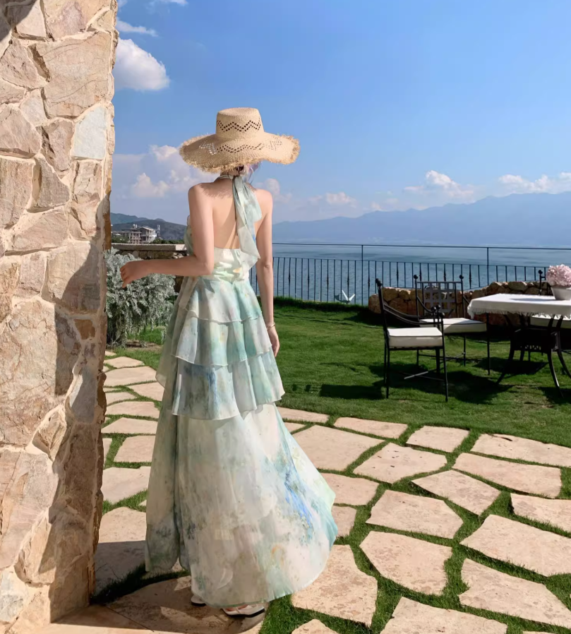 Ethereal Vacation Outfit Ruffles Hem Maxi Dress Open Back Tiered Tulle Halter Long Dress AP0676