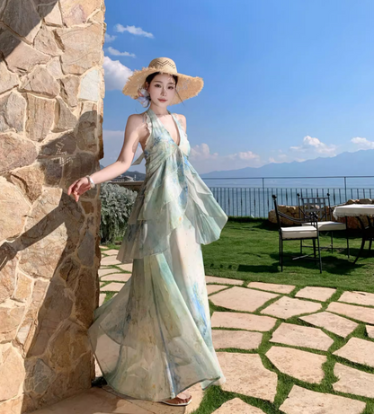 Ethereal Vacation Outfit Ruffles Hem Maxi Dress Open Back Tiered Tulle Halter Long Dress AP0676