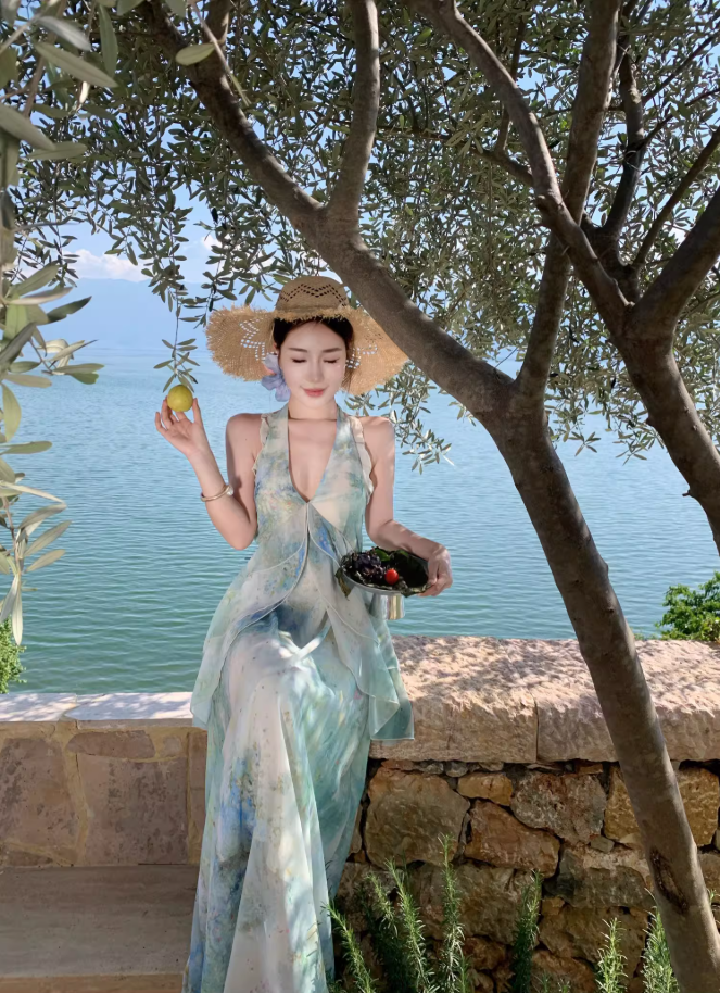 Ethereal Vacation Outfit Ruffles Hem Maxi Dress Open Back Tiered Tulle Halter Long Dress AP0676