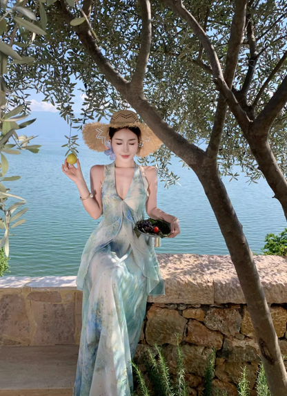 Ethereal Vacation Outfit Ruffles Hem Maxi Dress Open Back Tiered Tulle Halter Long Dress AP0676