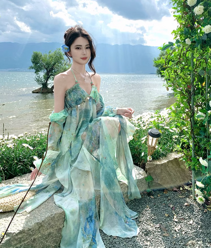 Summer Flowy Off-Shoulder Sleeve Maxi Dress Breathable Ethereal Backless Halter Long Dress AP0677