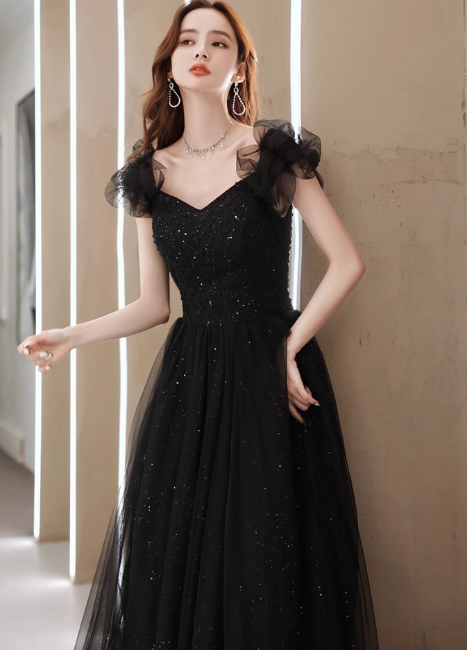 Mesh Off-Shoulder Black Feast Dress Cascade Sequins Tulle Splicing Student Prom Dress AP0667