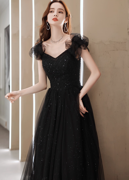 Mesh Off-Shoulder Black Feast Dress Cascade Sequins Tulle Splicing Student Prom Dress AP0667