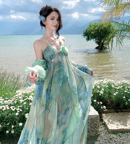 Summer Flowy Off-Shoulder Sleeve Maxi Dress Breathable Ethereal Backless Halter Long Dress AP0677