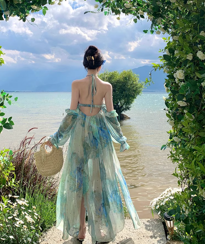 Summer Flowy Off-Shoulder Sleeve Maxi Dress Breathable Ethereal Backless Halter Long Dress AP0677