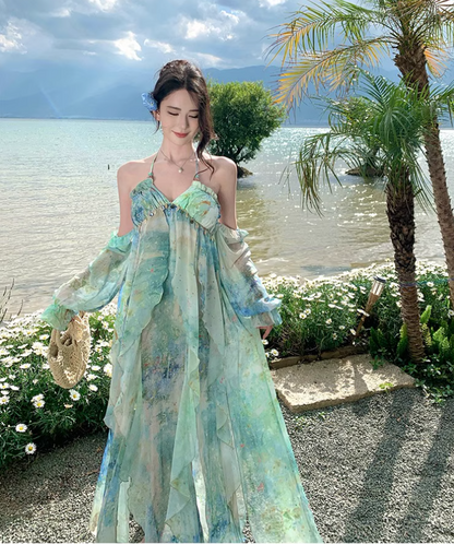 Summer Flowy Off-Shoulder Sleeve Maxi Dress Breathable Ethereal Backless Halter Long Dress AP0677