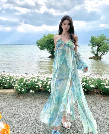 Summer Flowy Off-Shoulder Sleeve Maxi Dress Breathable Ethereal Backless Halter Long Dress AP0677