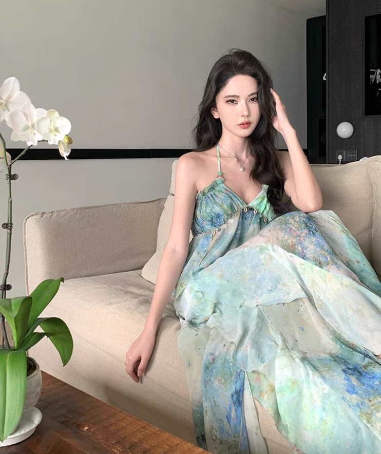 Summer Flowy Off-Shoulder Sleeve Maxi Dress Breathable Ethereal Backless Halter Long Dress AP0677