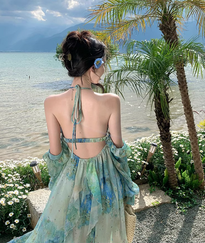 Summer Flowy Off-Shoulder Sleeve Maxi Dress Breathable Ethereal Backless Halter Long Dress AP0677