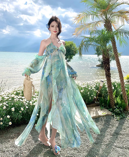 Summer Flowy Off-Shoulder Sleeve Maxi Dress Breathable Ethereal Backless Halter Long Dress AP0677