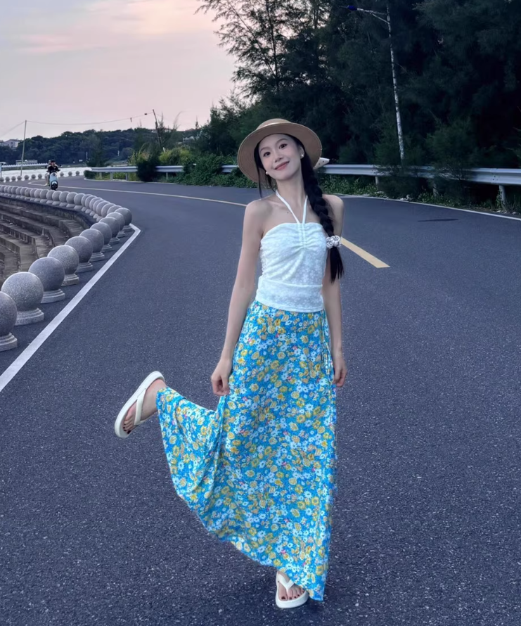 Vacation Outfit Floral Print Strapless Two-Piece Maxi Dress Vibrant Backless Halter Long Dress AP0678