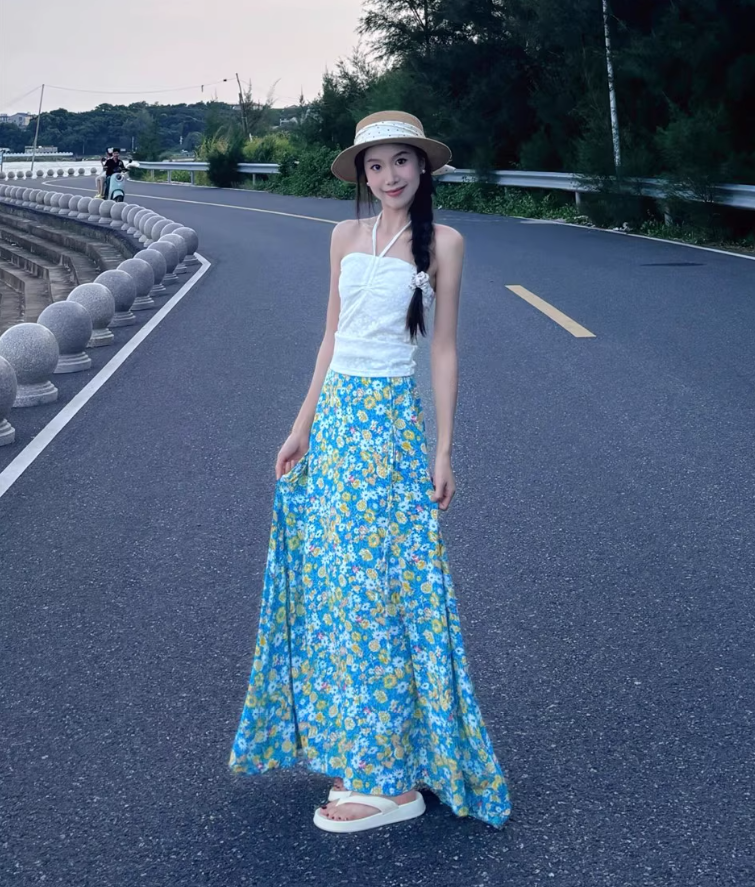 Vacation Outfit Floral Print Strapless Two-Piece Maxi Dress Vibrant Backless Halter Long Dress AP0678