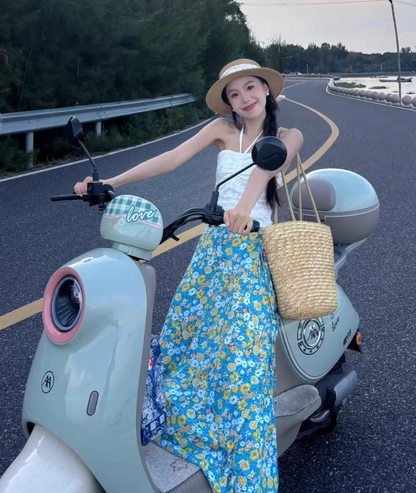 Vacation Outfit Floral Print Strapless Two-Piece Maxi Dress Vibrant Backless Halter Long Dress AP0678