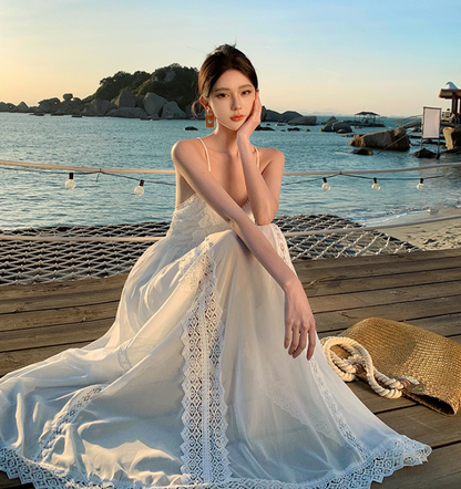 Soft Fabric Simple Silhouettes Maxi Dress Spaghetti Strap Hollow-Out Oversize Long Dress AP0680