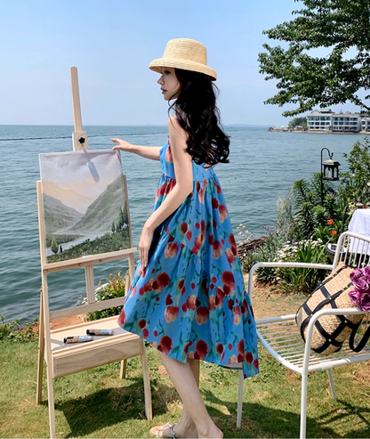 Billowy Soft Fabric Floral Print Midi Skirt Spaghetti Strap Vibrant Asymmetrical Hem Midi Dress AP0681