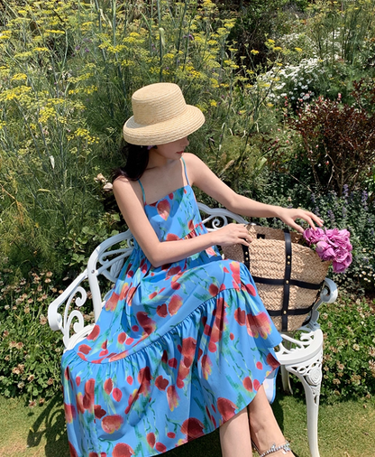 Billowy Soft Fabric Floral Print Midi Skirt Spaghetti Strap Vibrant Asymmetrical Hem Midi Dress AP0681