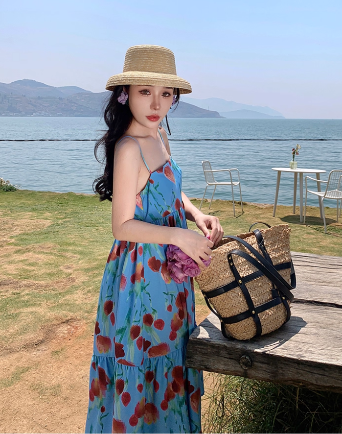 Billowy Soft Fabric Floral Print Midi Skirt Spaghetti Strap Vibrant Asymmetrical Hem Midi Dress AP0681