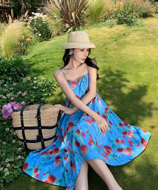 Billowy Soft Fabric Floral Print Midi Skirt Spaghetti Strap Vibrant Asymmetrical Hem Midi Dress AP0681