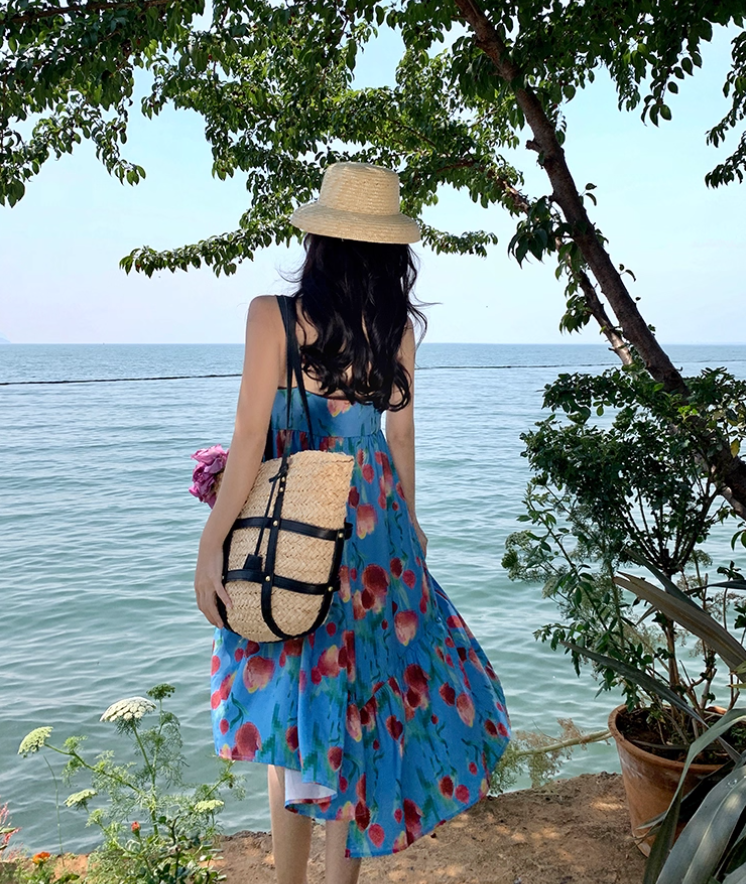 Billowy Soft Fabric Floral Print Midi Skirt Spaghetti Strap Vibrant Asymmetrical Hem Midi Dress AP0681