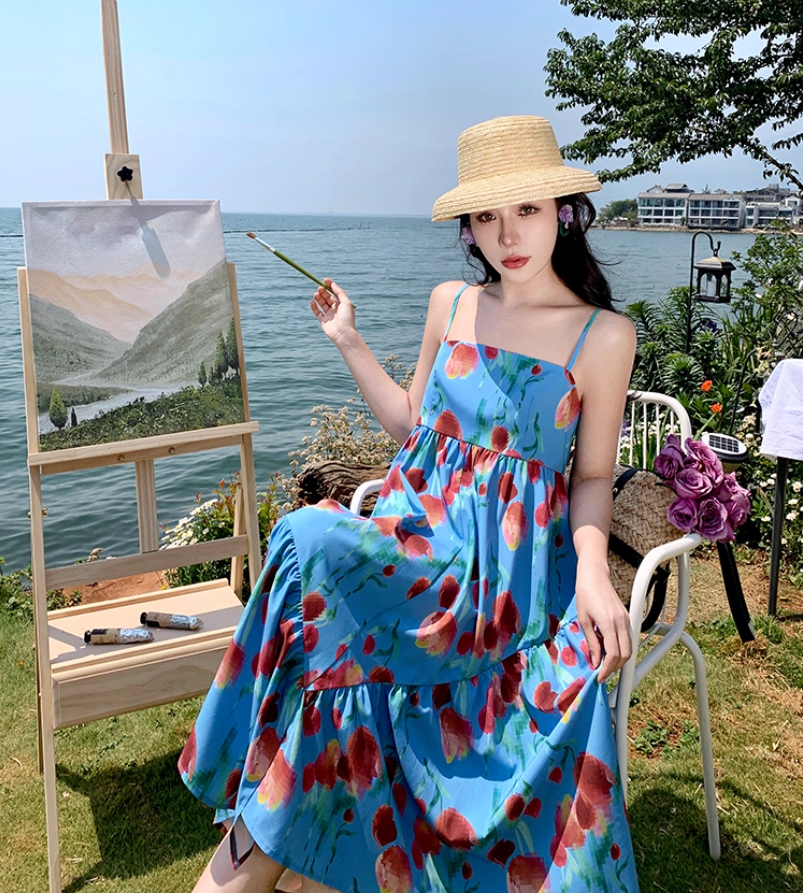 Billowy Soft Fabric Floral Print Midi Skirt Spaghetti Strap Vibrant Asymmetrical Hem Midi Dress AP0681