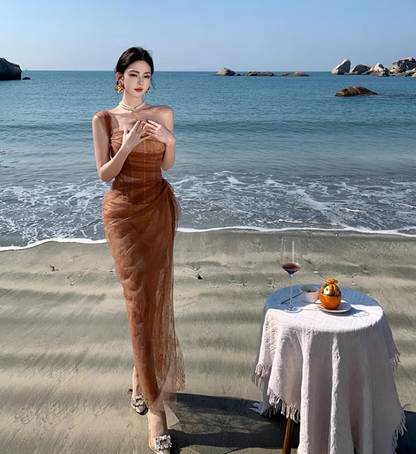 Vintage One Shoulder Sleeveless Tulle Layered Maxi Dress Asymmetric Neck Long Dress AP0682