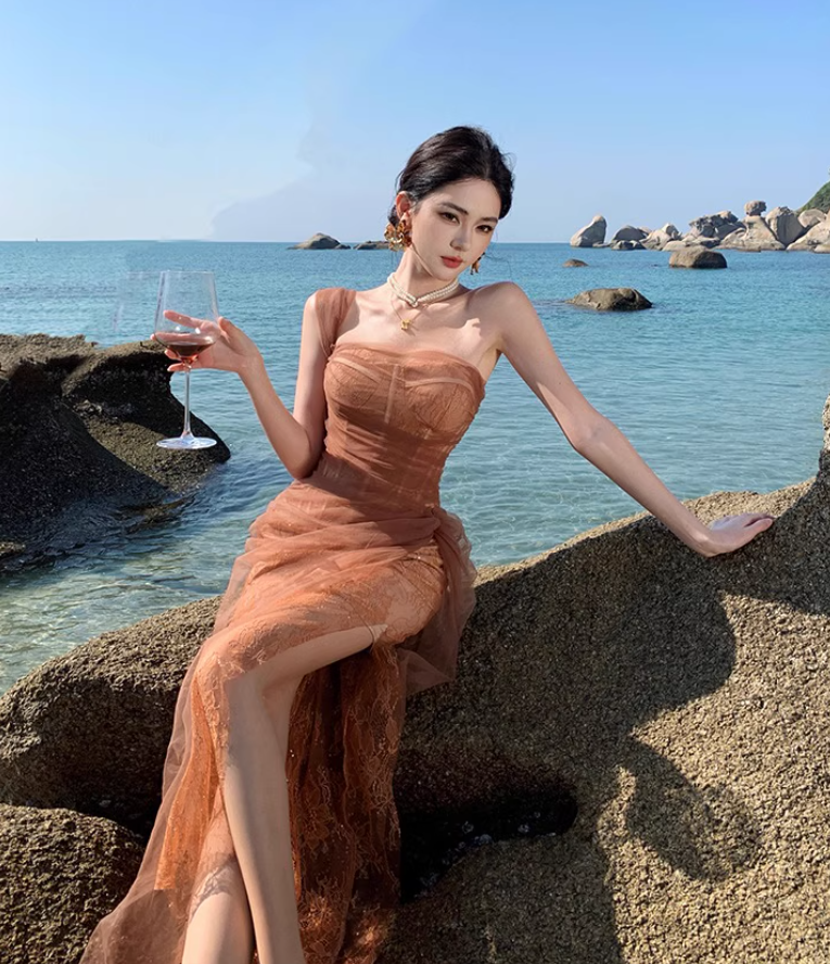 Vintage One Shoulder Sleeveless Tulle Layered Maxi Dress Asymmetric Neck Long Dress AP0682