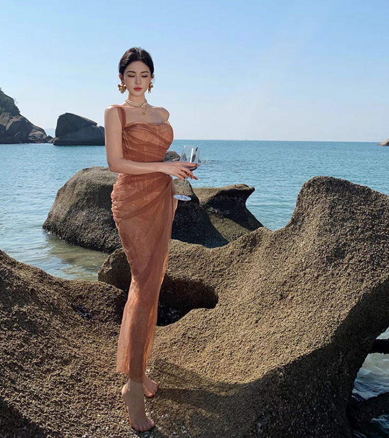 Vintage One Shoulder Sleeveless Tulle Layered Maxi Dress Asymmetric Neck Long Dress AP0682