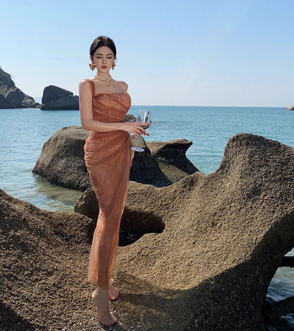 Vintage One Shoulder Sleeveless Tulle Layered Maxi Dress Asymmetric Neck Long Dress AP0682