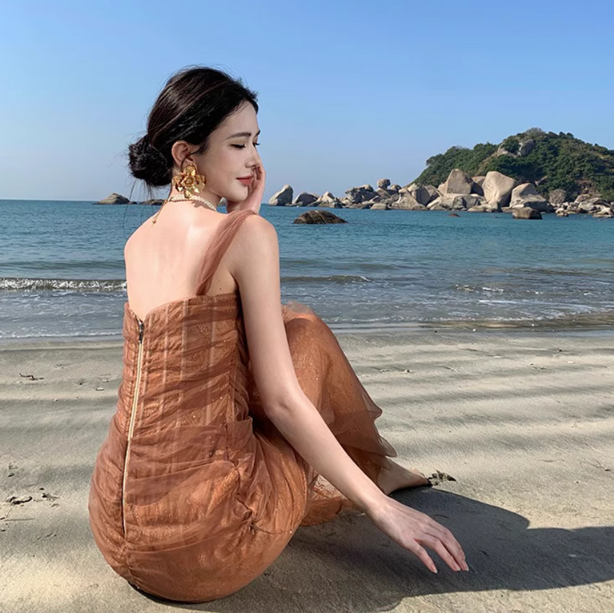 Vintage One Shoulder Sleeveless Tulle Layered Maxi Dress Asymmetric Neck Long Dress AP0682