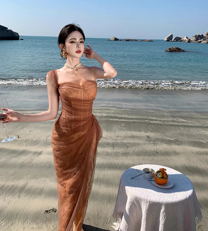 Vintage One Shoulder Sleeveless Tulle Layered Maxi Dress Asymmetric Neck Long Dress AP0682