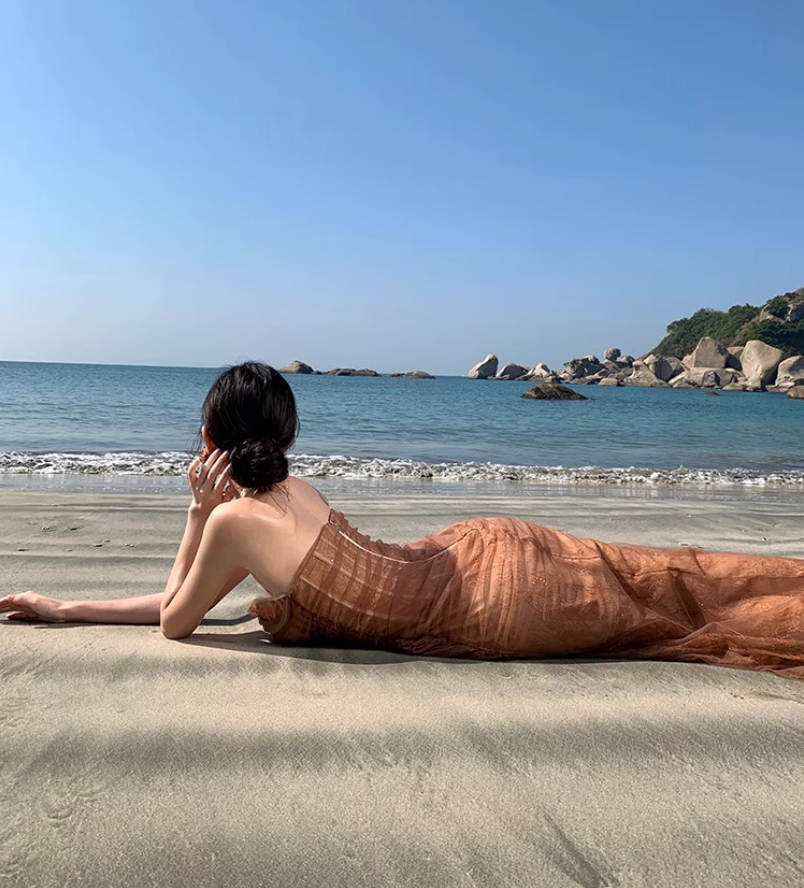 Vintage One Shoulder Sleeveless Tulle Layered Maxi Dress Asymmetric Neck Long Dress AP0682