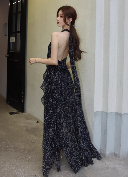 Airy Flowy Asymmetrical Ruffle Hem Midi Dress Polka dots High-Slit Halter Long Dress AP0683