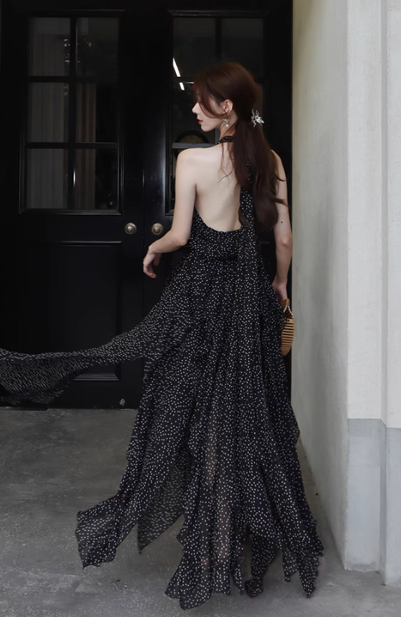 Airy Flowy Asymmetrical Ruffle Hem Midi Dress Polka dots High-Slit Halter Long Dress AP0683