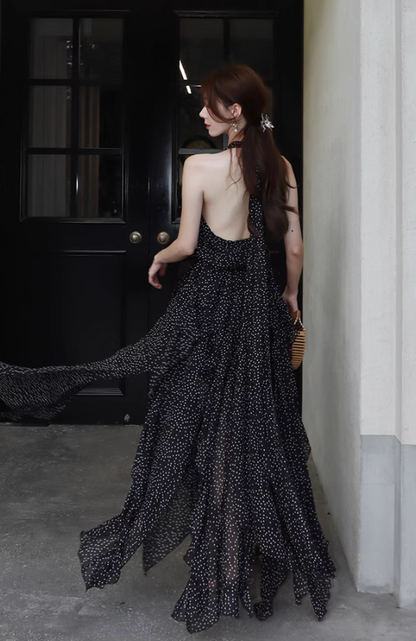 Airy Flowy Asymmetrical Ruffle Hem Midi Dress Polka dots High-Slit Halter Long Dress AP0683