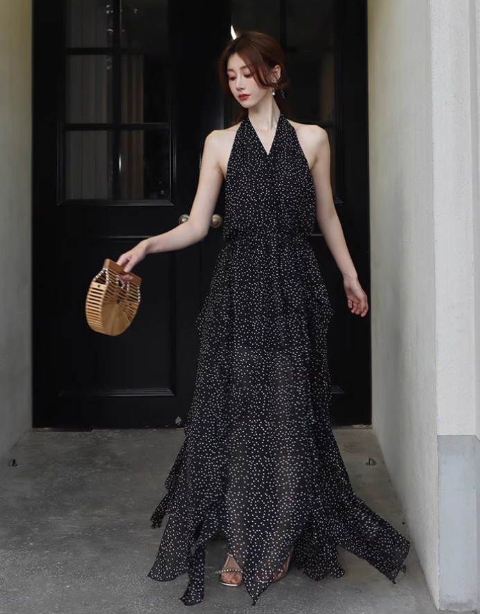 Airy Flowy Asymmetrical Ruffle Hem Midi Dress Polka dots High-Slit Halter Long Dress AP0683