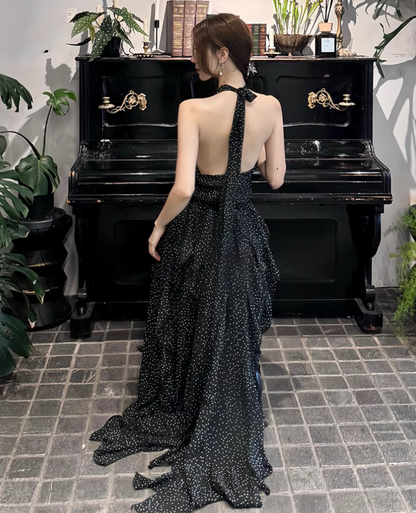 Airy Flowy Asymmetrical Ruffle Hem Midi Dress Polka dots High-Slit Halter Long Dress AP0683