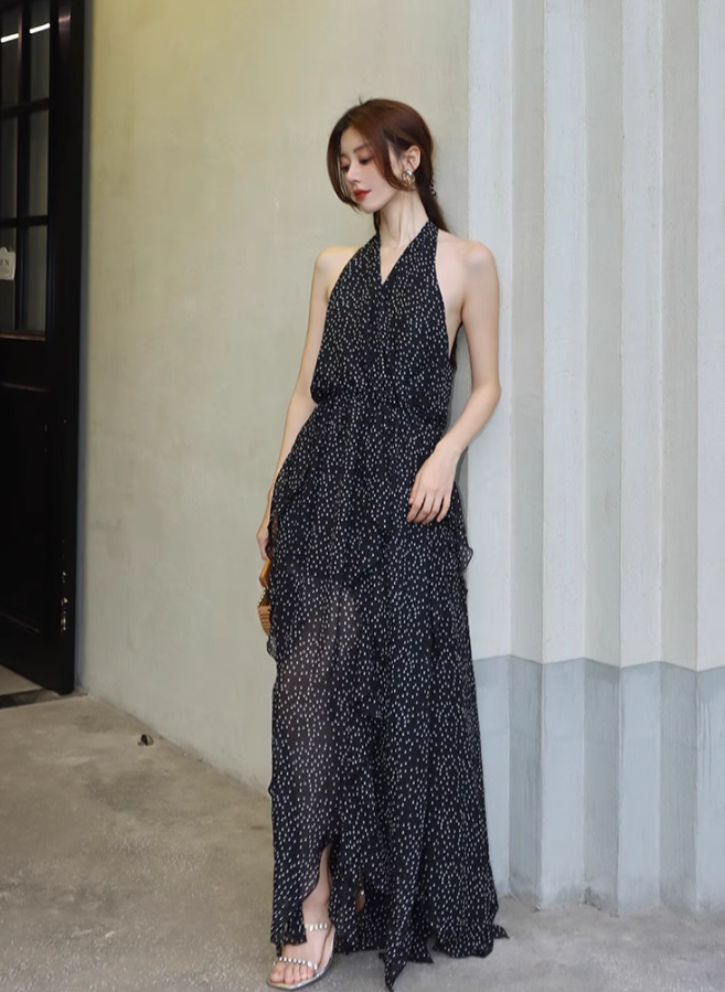 Airy Flowy Asymmetrical Ruffle Hem Midi Dress Polka dots High-Slit Halter Long Dress AP0683