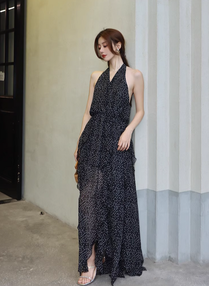 Airy Flowy Asymmetrical Ruffle Hem Midi Dress Polka dots High-Slit Halter Long Dress AP0683