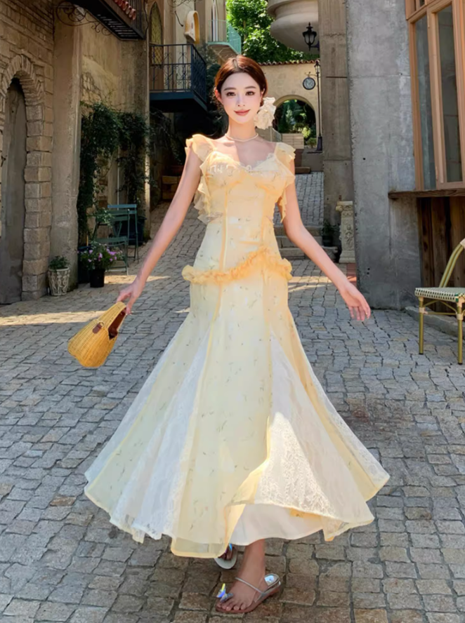 French Floral Print lace Splicing Maxi Dress Flowy Romantic Flutter Strap Long Dress AP0684