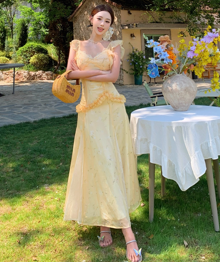 French Floral Print lace Splicing Maxi Dress Flowy Romantic Flutter Strap Long Dress AP0684