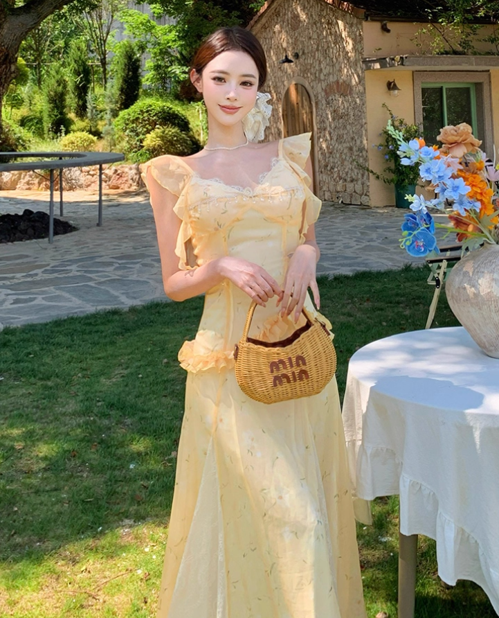 French Floral Print lace Splicing Maxi Dress Flowy Romantic Flutter Strap Long Dress AP0684