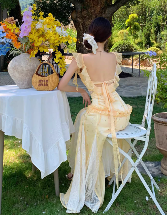 French Floral Print lace Splicing Maxi Dress Flowy Romantic Flutter Strap Long Dress AP0684