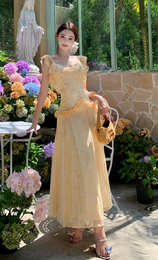 French Floral Print lace Splicing Maxi Dress Flowy Romantic Flutter Strap Long Dress AP0684