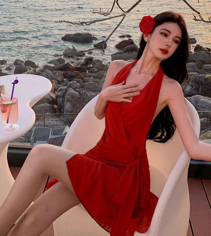 Summer V-Neck Refined Mini Dress Close-Fitting Backless Halter Short Dress AP0685