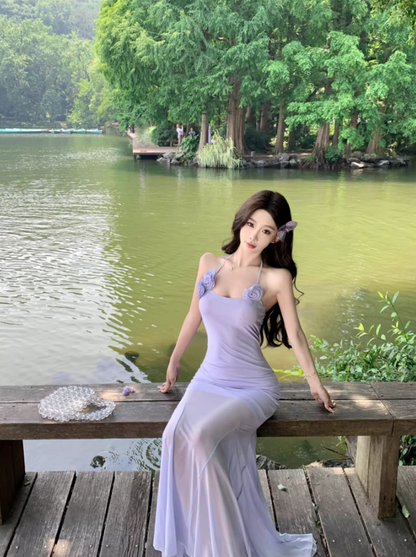 Ethereal Stretchy Breathable Mermaid Dress Backless Sheath Halter Long Dress AP0686